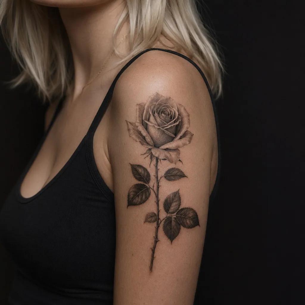idée tatouage femme bras rose réaliste verticale, photo réaliste sur peau
