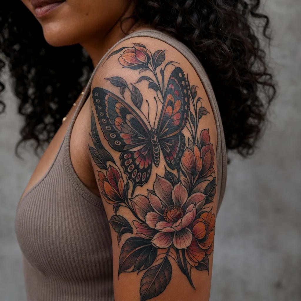 idée tatouage femme bras papillon néo-traditionnel sleeve, photo réaliste sur peau