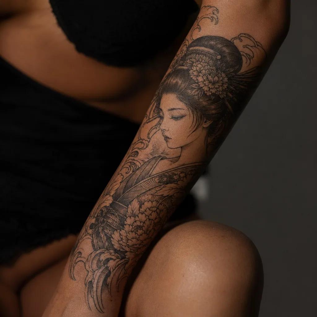 idée tatouage femme bras geisha japonaise sleeve, photo réaliste sur peau