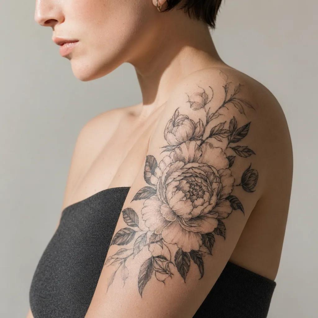 idée tatouage femme bras pivoine florale composition, photo réaliste sur peau