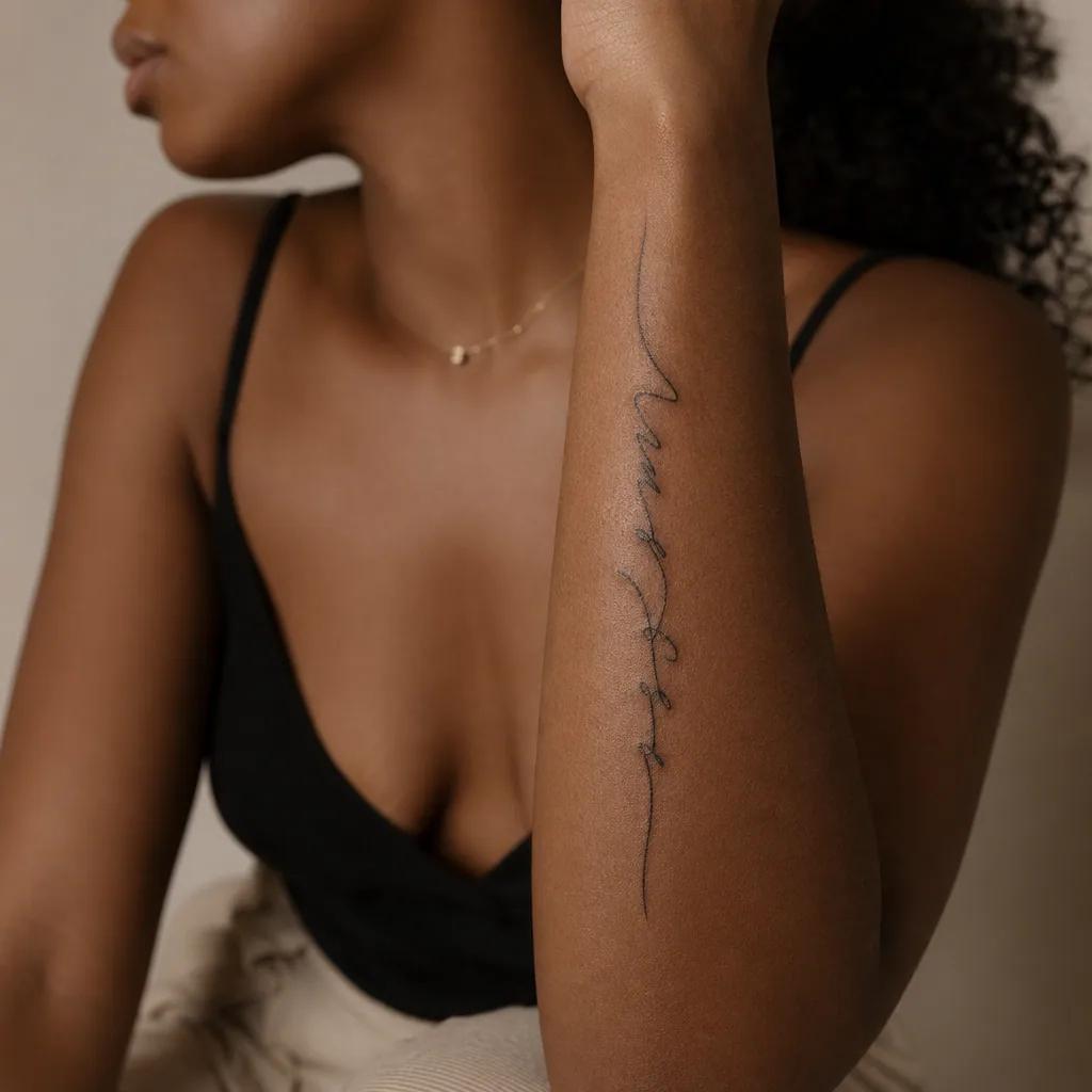 idée tatouage femme bras lettrage manuscrit vertical, photo réaliste sur peau