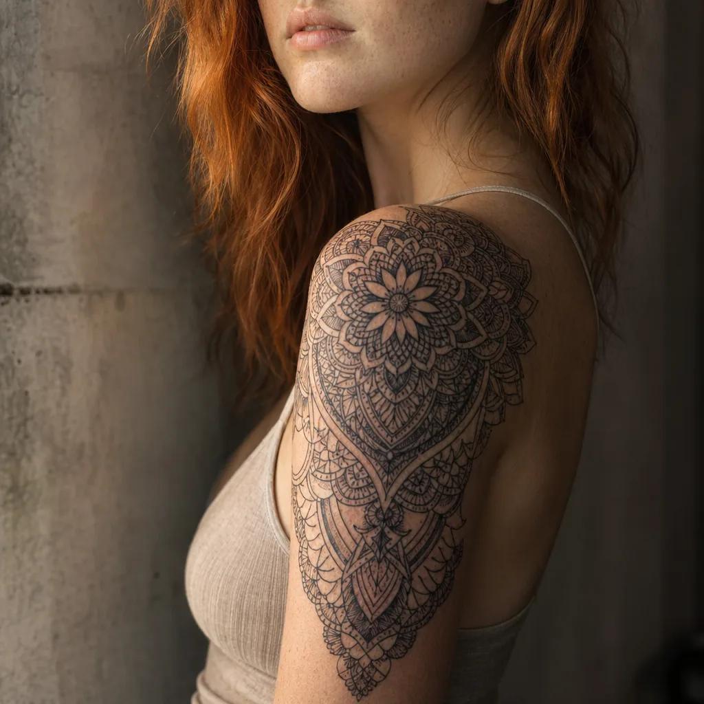 idée tatouage femme bras mandala lace sleeve, photo réaliste sur peau
