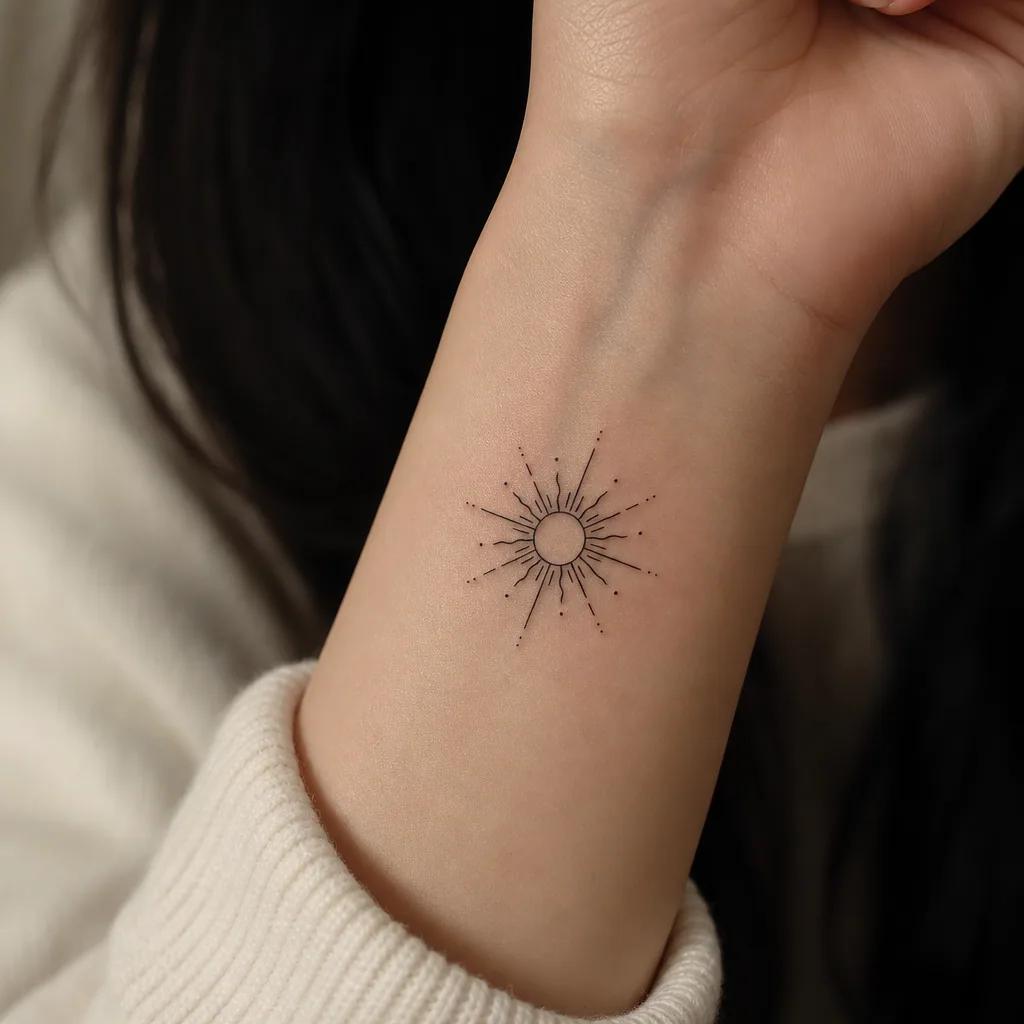idée tatouage femme discret soleil symbolique épuré, photo réaliste sur peau