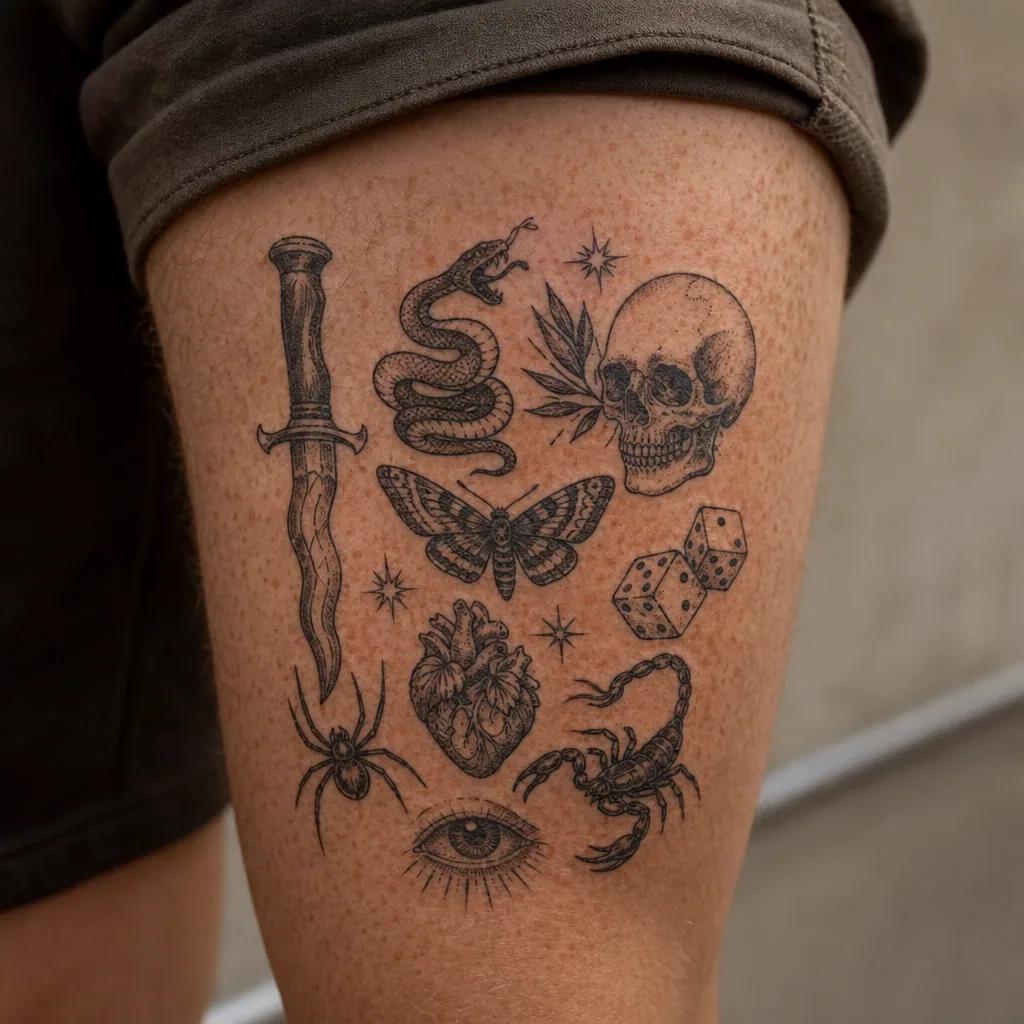 idée tatouage flash planche flash patchwork, photo réaliste sur peau