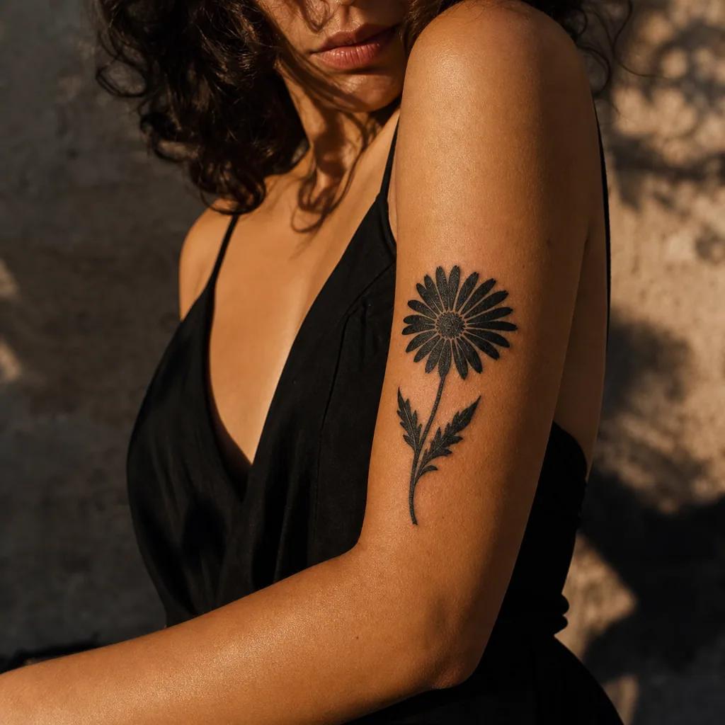 idée tatouage fleur marguerite blackwork, photo réaliste sur peau