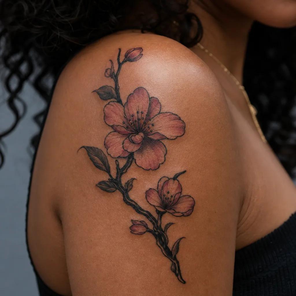 idée tatouage fleur fleur de cerisier néo-traditionnelle, photo réaliste sur peau