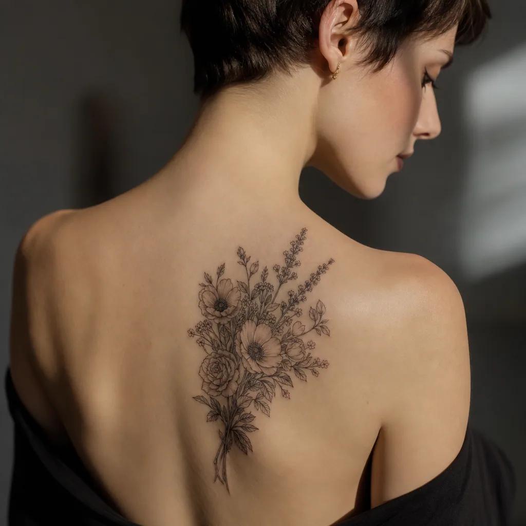 idée tatouage fleur bouquet floral compose, photo réaliste sur peau