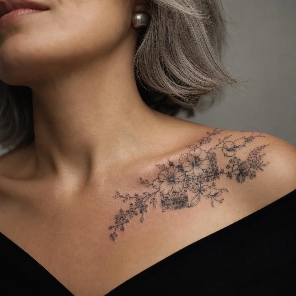idée tatouage fleur patchwork floral vintage, photo réaliste sur peau