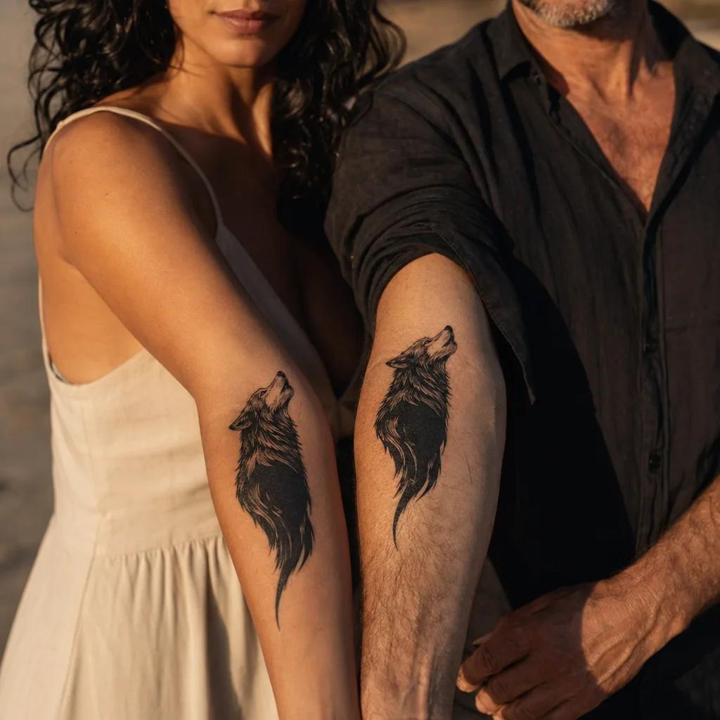 idée tatouage frère et sœur loup et louve blackwork, photo réaliste sur peau