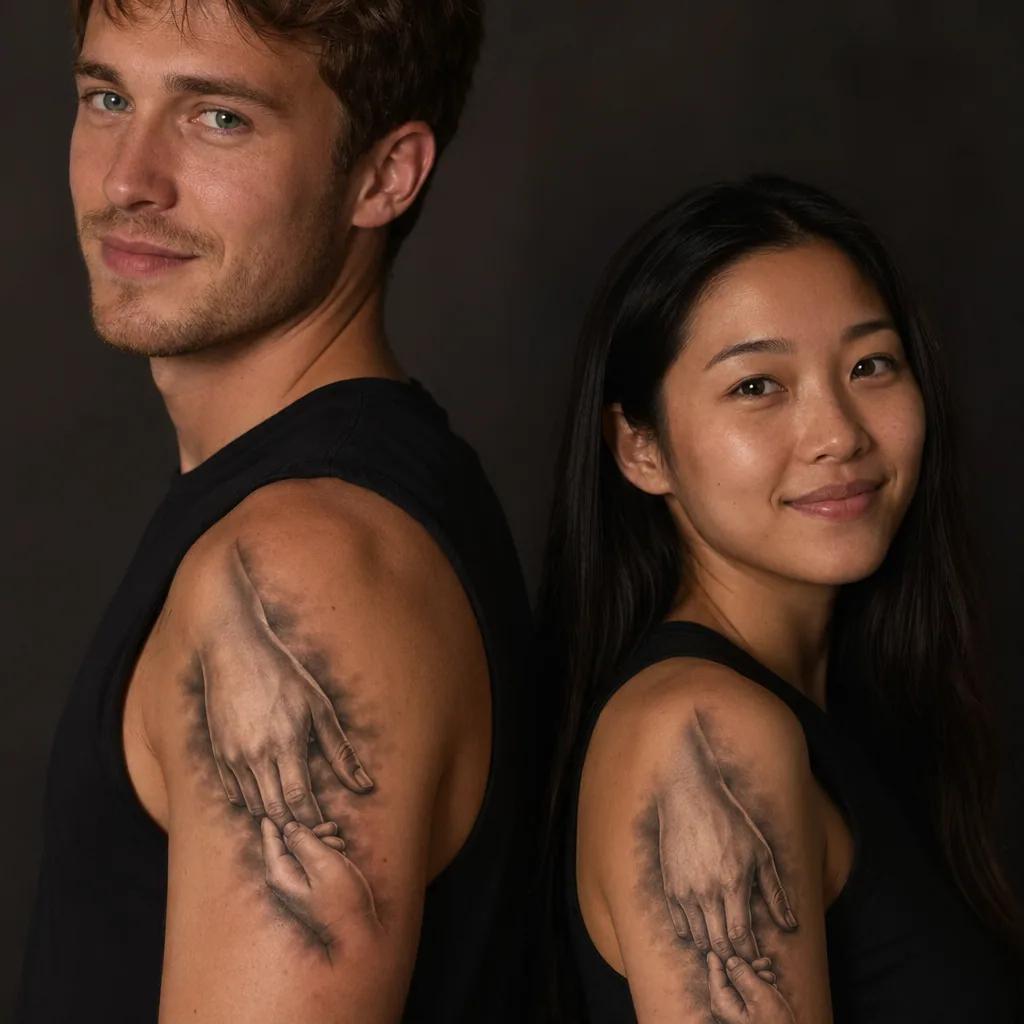 idée tatouage frère et sœur mains réalistes, photo réaliste sur peau