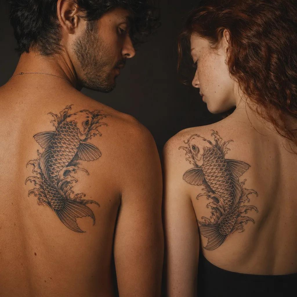 idée tatouage frère et sœur carpes koï siblings, photo réaliste sur peau