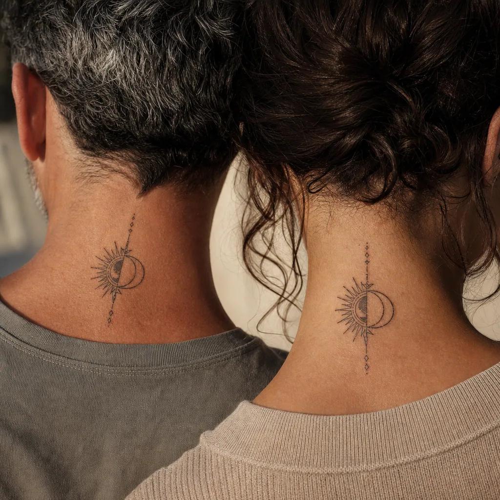 idée tatouage frère et sœur soleil et lune géométriques, photo réaliste sur peau