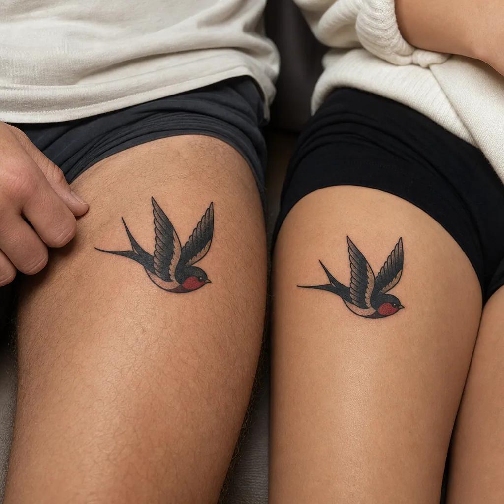 idée tatouage frère et sœur hirondelles old school, photo réaliste sur peau