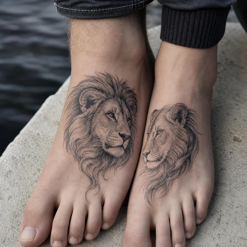 idée tatouage frère et sœur lion et lionne, photo réaliste sur peau
