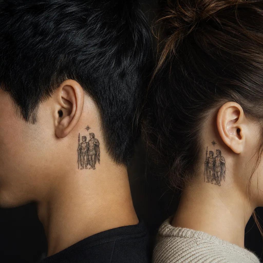 idée tatouage frère et sœur castor et pollux, photo réaliste sur peau
