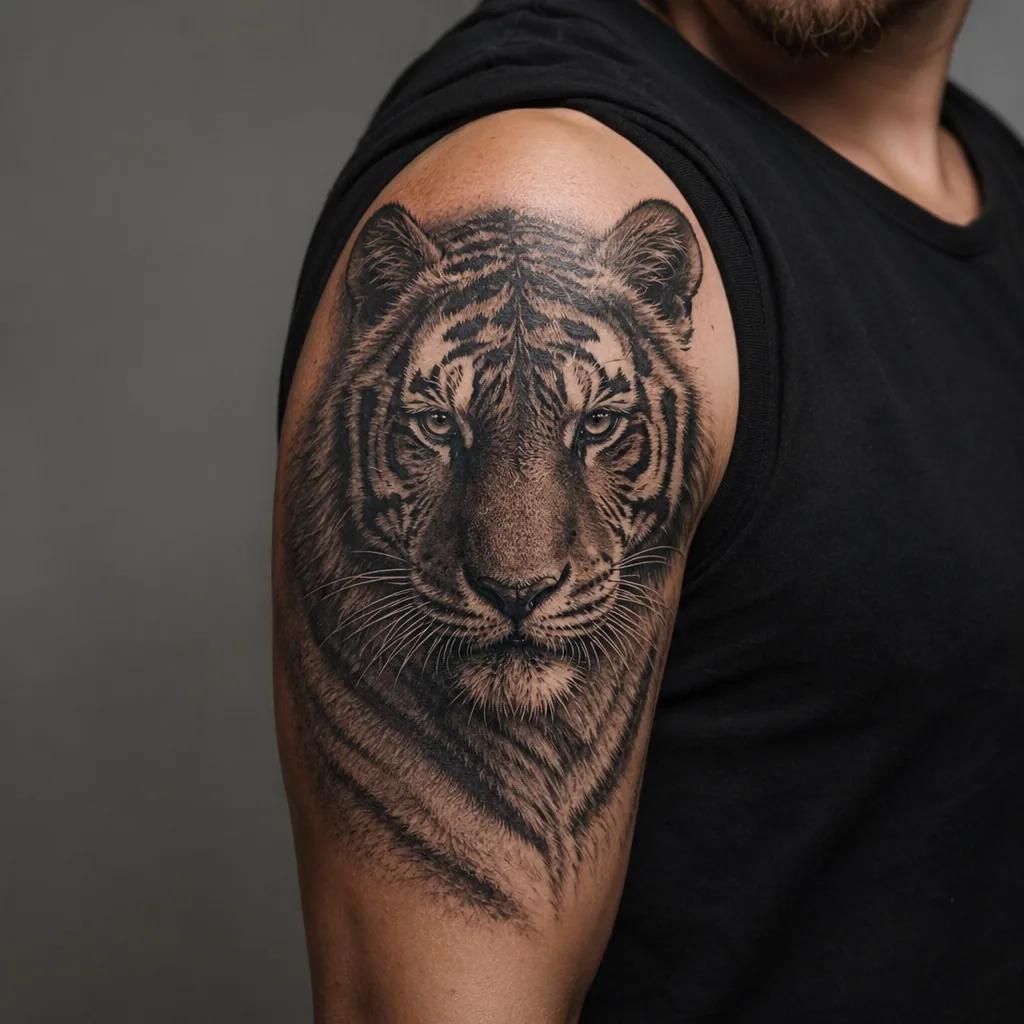 idée tatouage homme tigre réaliste, photo réaliste sur peau