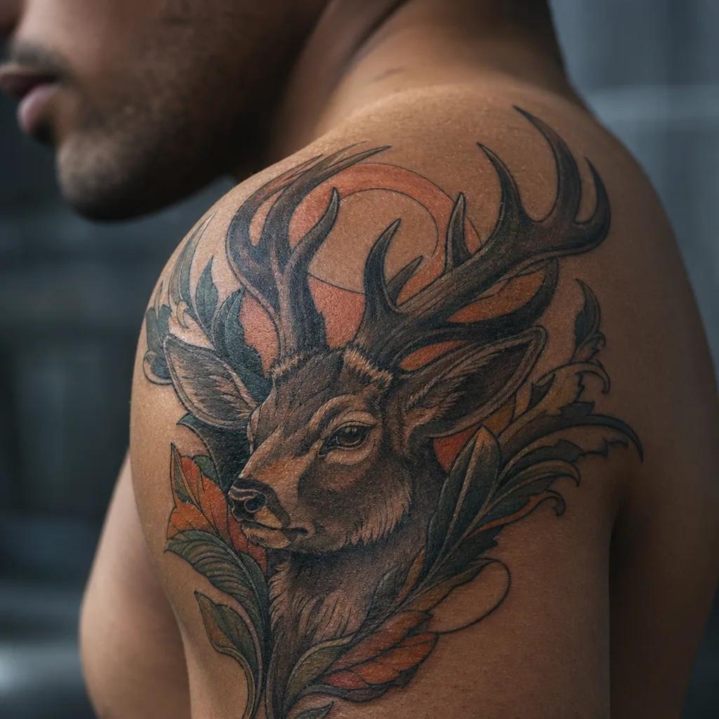 idée tatouage homme cerf néo-traditionnel, photo réaliste sur peau