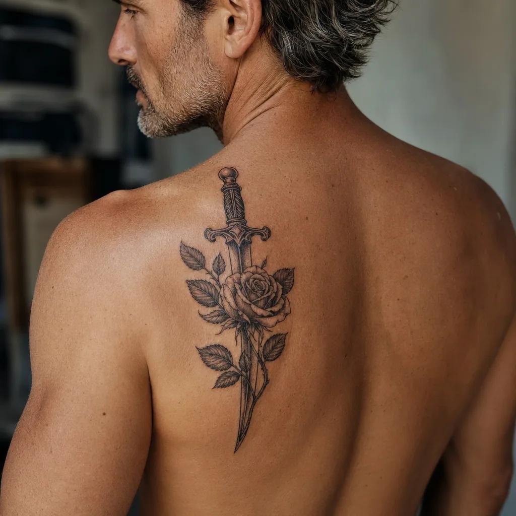 idée tatouage homme rose et dague, photo réaliste sur peau