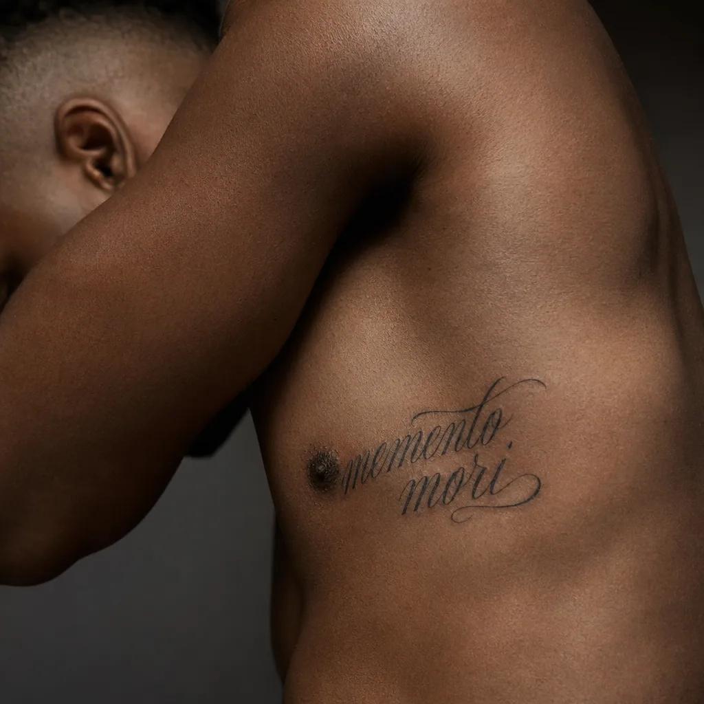 idée tatouage homme lettrage memento mori, photo réaliste sur peau