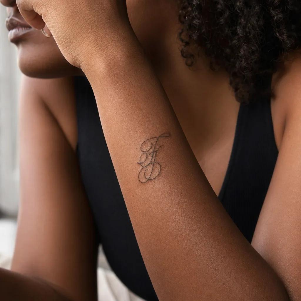 idée tatouage initiales famille initiales manuscrit élégant, photo réaliste sur peau