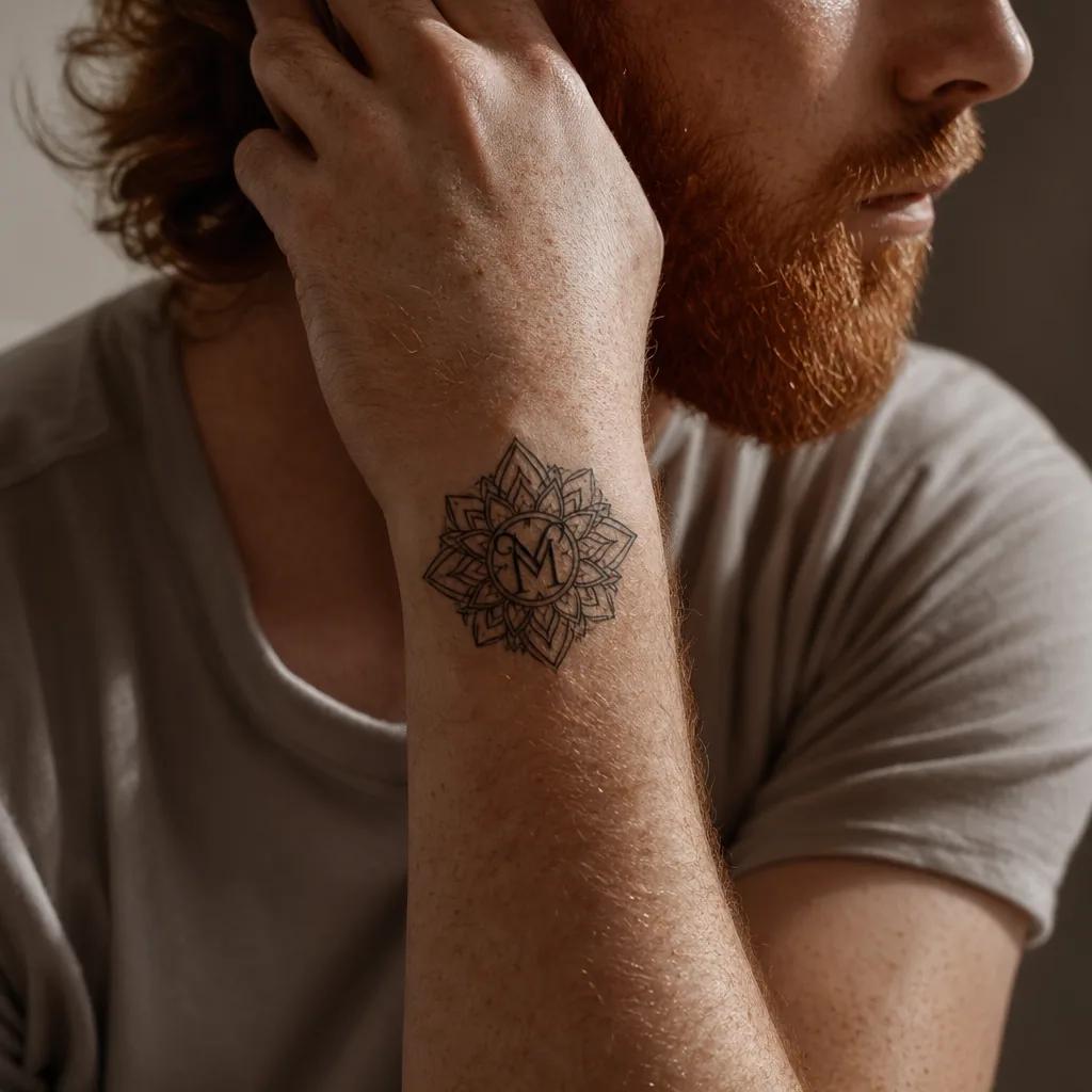 idée tatouage initiales famille initiales mandala, photo réaliste sur peau