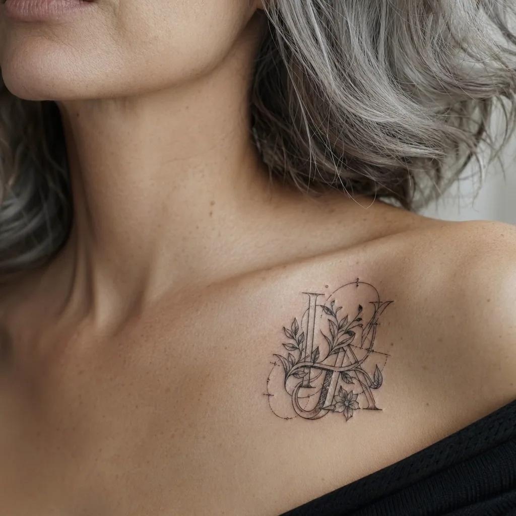 idée tatouage initiales famille patchwork initiales flash, photo réaliste sur peau