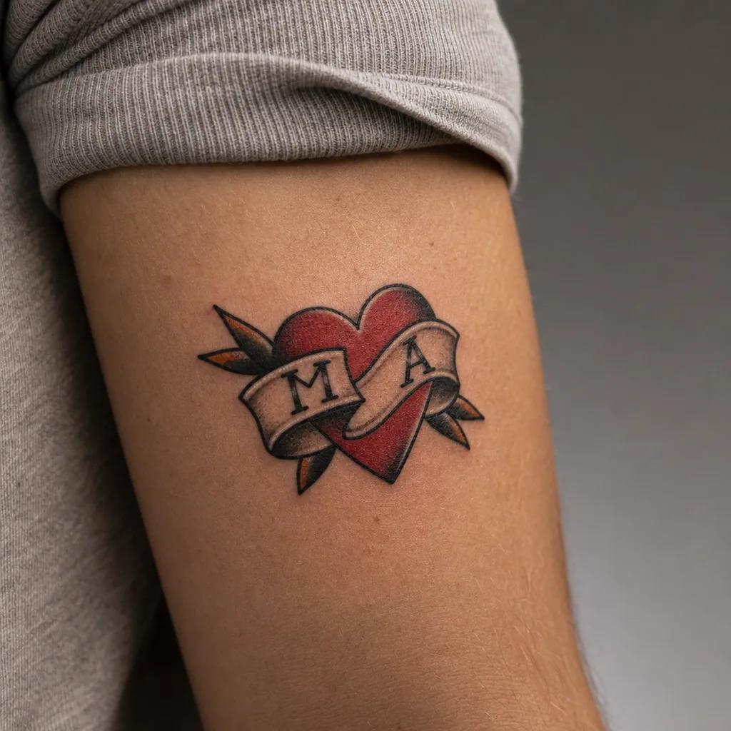 idée tatouage initiales famille initiales old school heart, photo réaliste sur peau