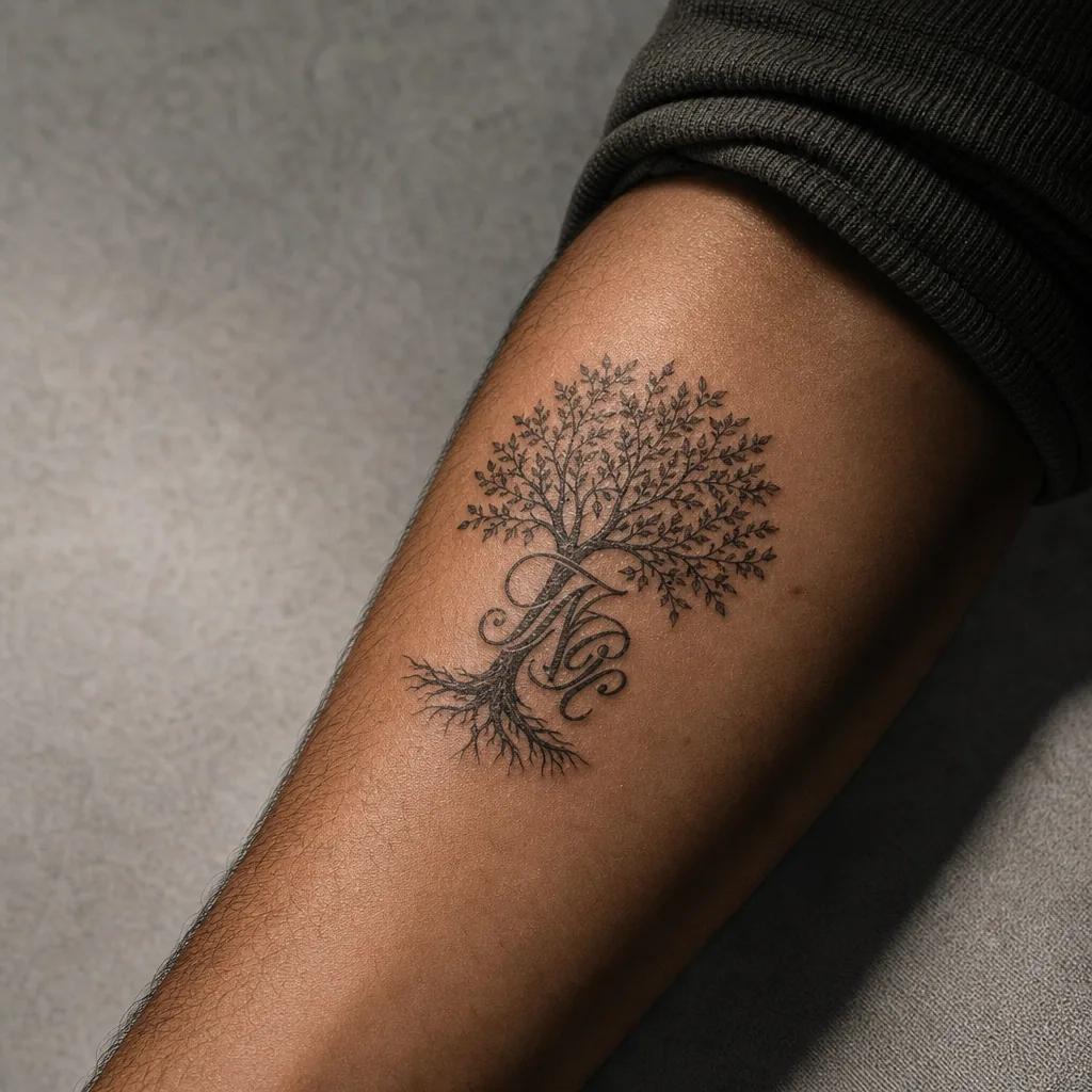 idée tatouage initiales famille initiales arbre généalogique, photo réaliste sur peau