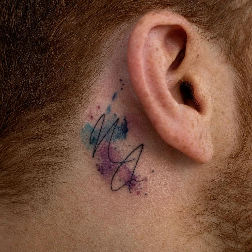 idée tatouage initiales famille initiales aquarelle, photo réaliste sur peau