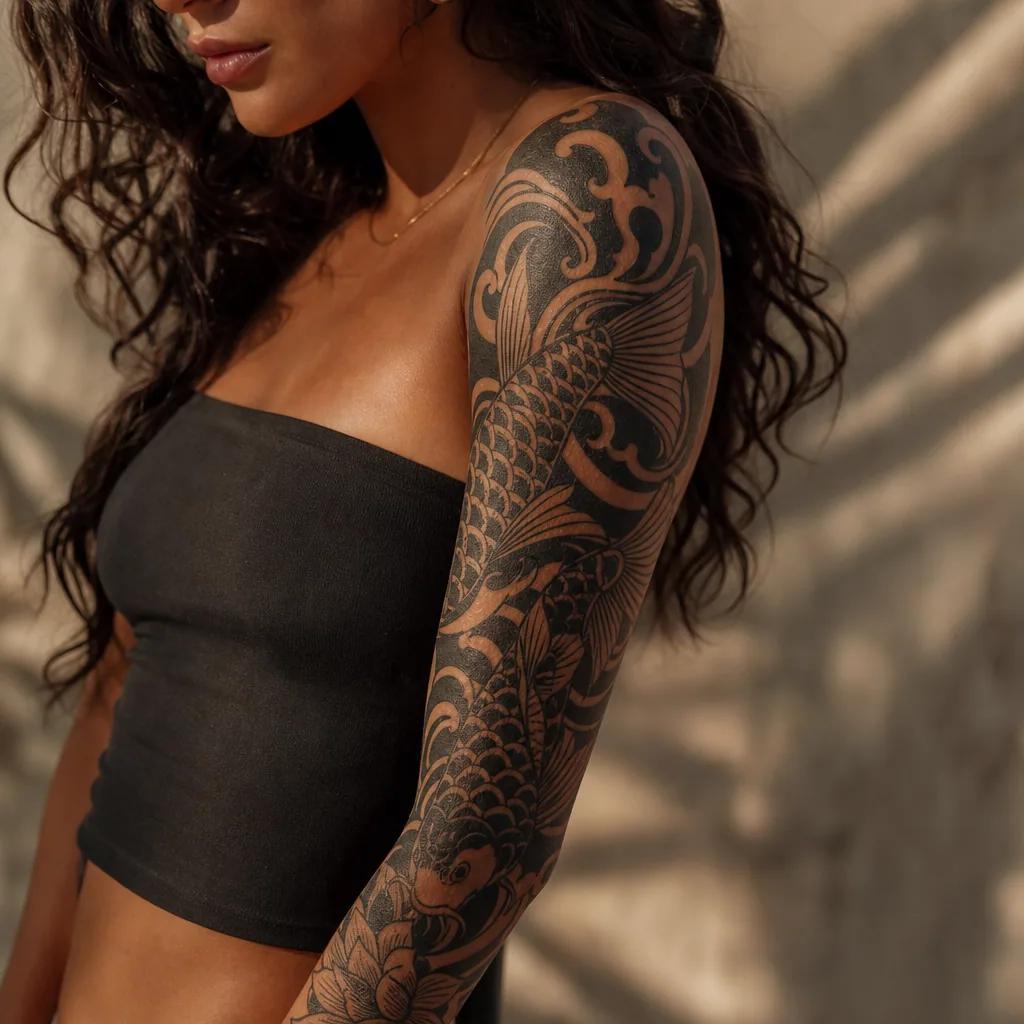 idée tatouage japonais carpe koi blackwork, photo réaliste sur peau