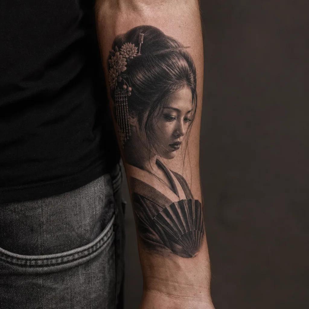 idée tatouage japonais geisha portrait realiste, photo réaliste sur peau