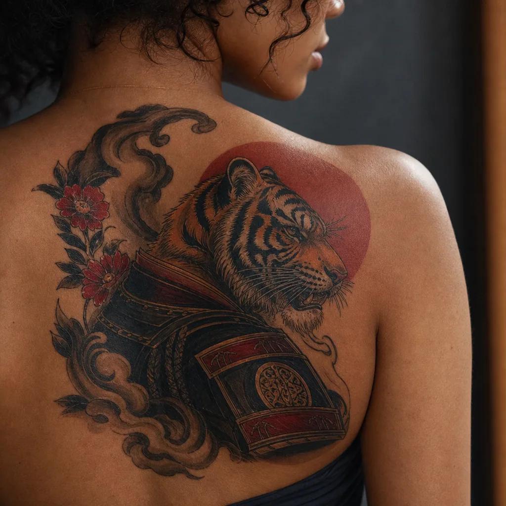 idée tatouage japonais tigre samourai néo-traditionnel, photo réaliste sur peau
