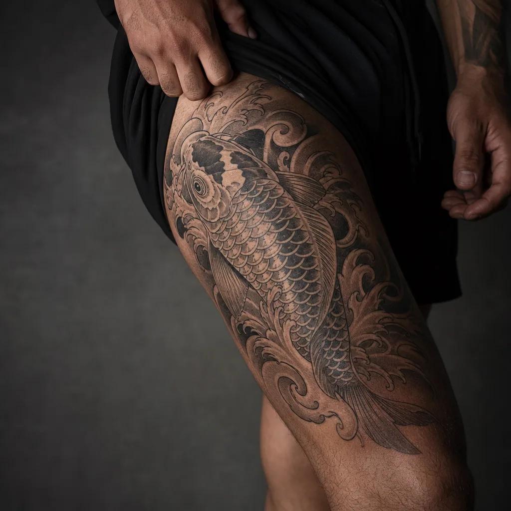 idée tatouage japonais manche koi irezumi, photo réaliste sur peau