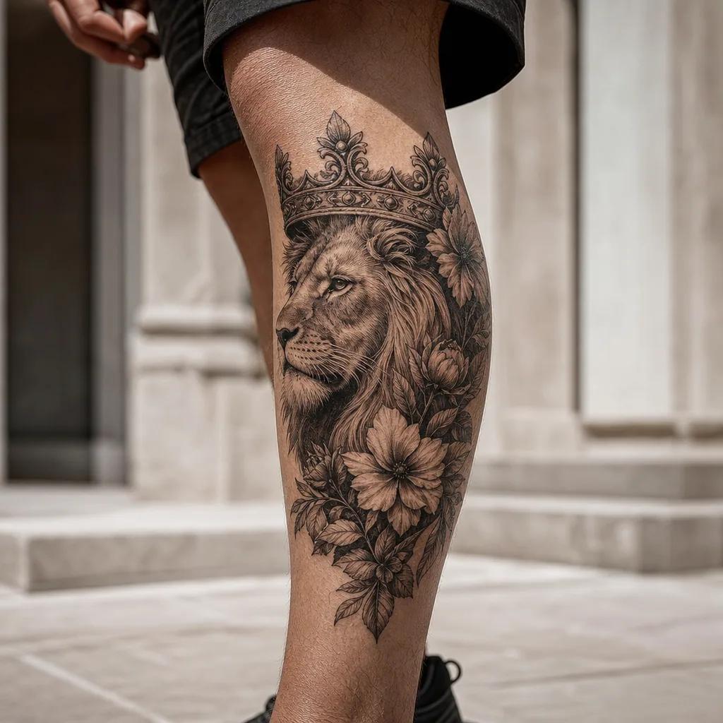 idée tatouage lion crowned floral lion, photo réaliste sur peau