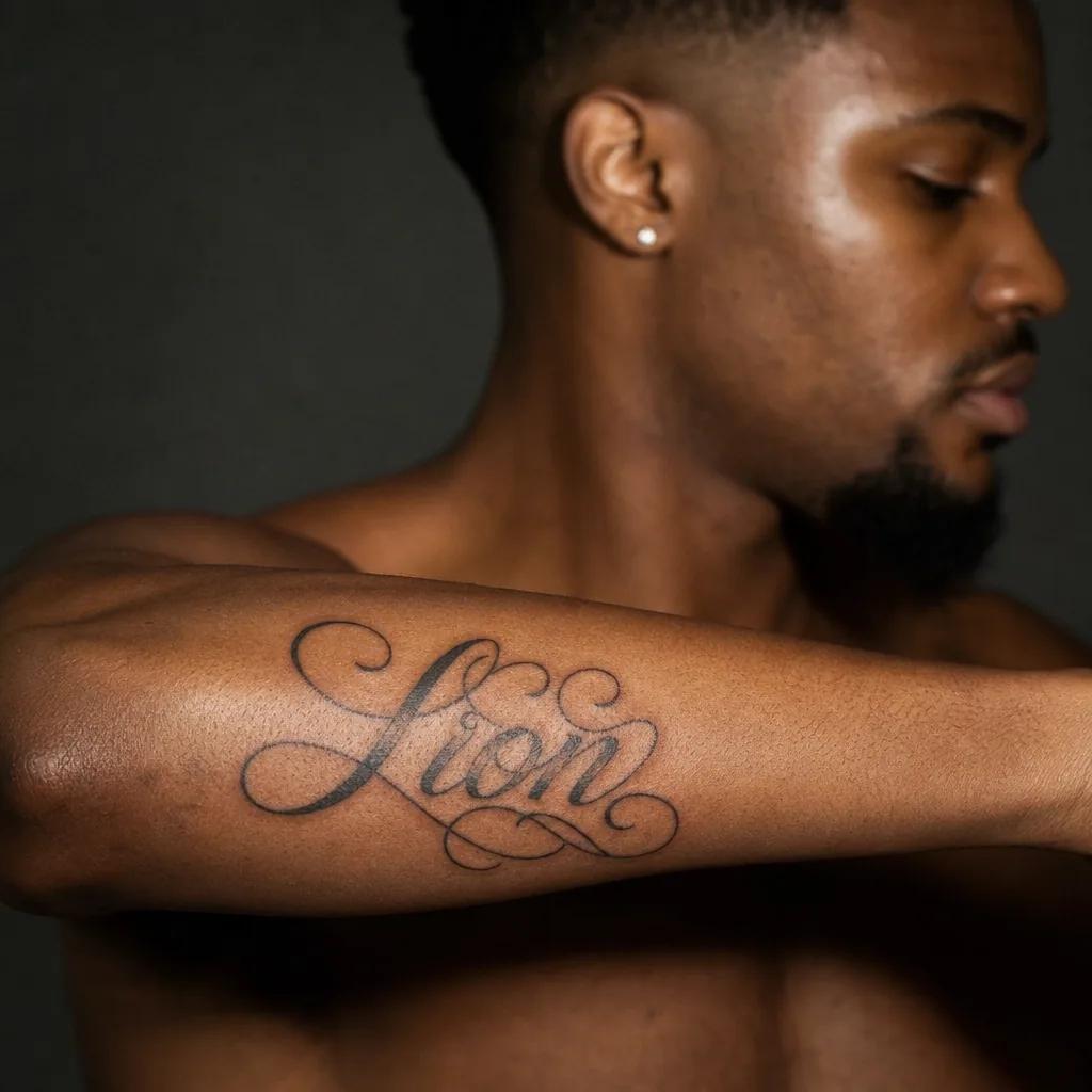 idée tatouage lion 'lion' lettering, photo réaliste sur peau
