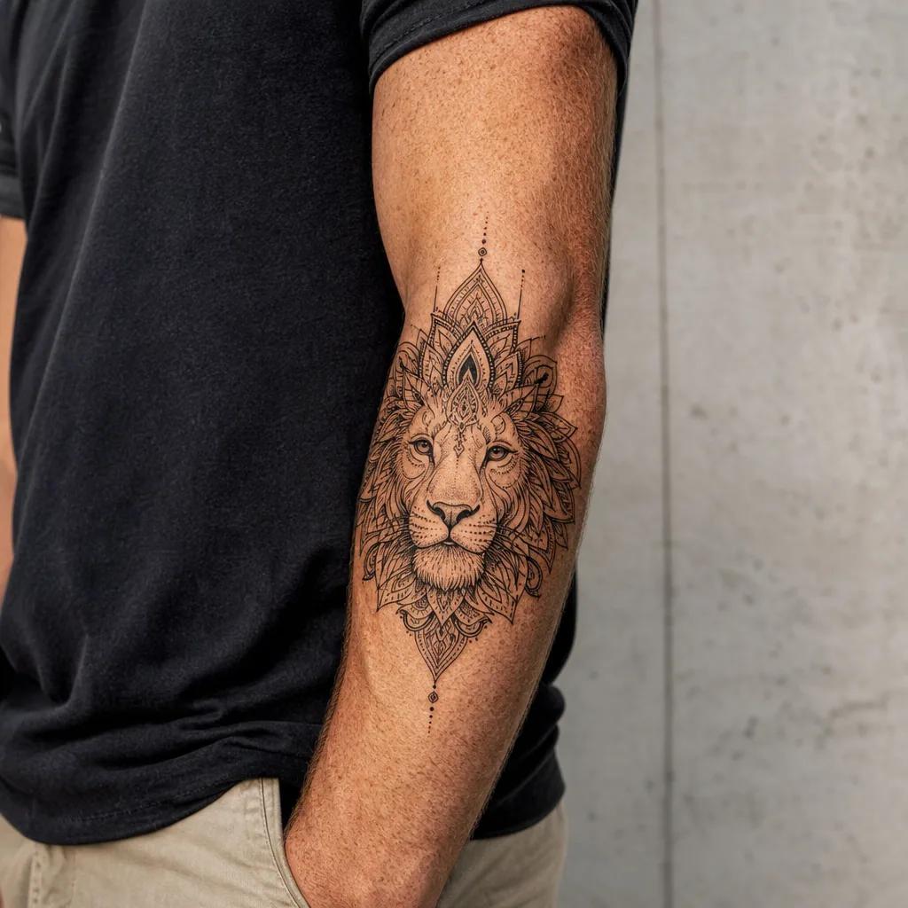 idée tatouage lion lion mandala, photo réaliste sur peau