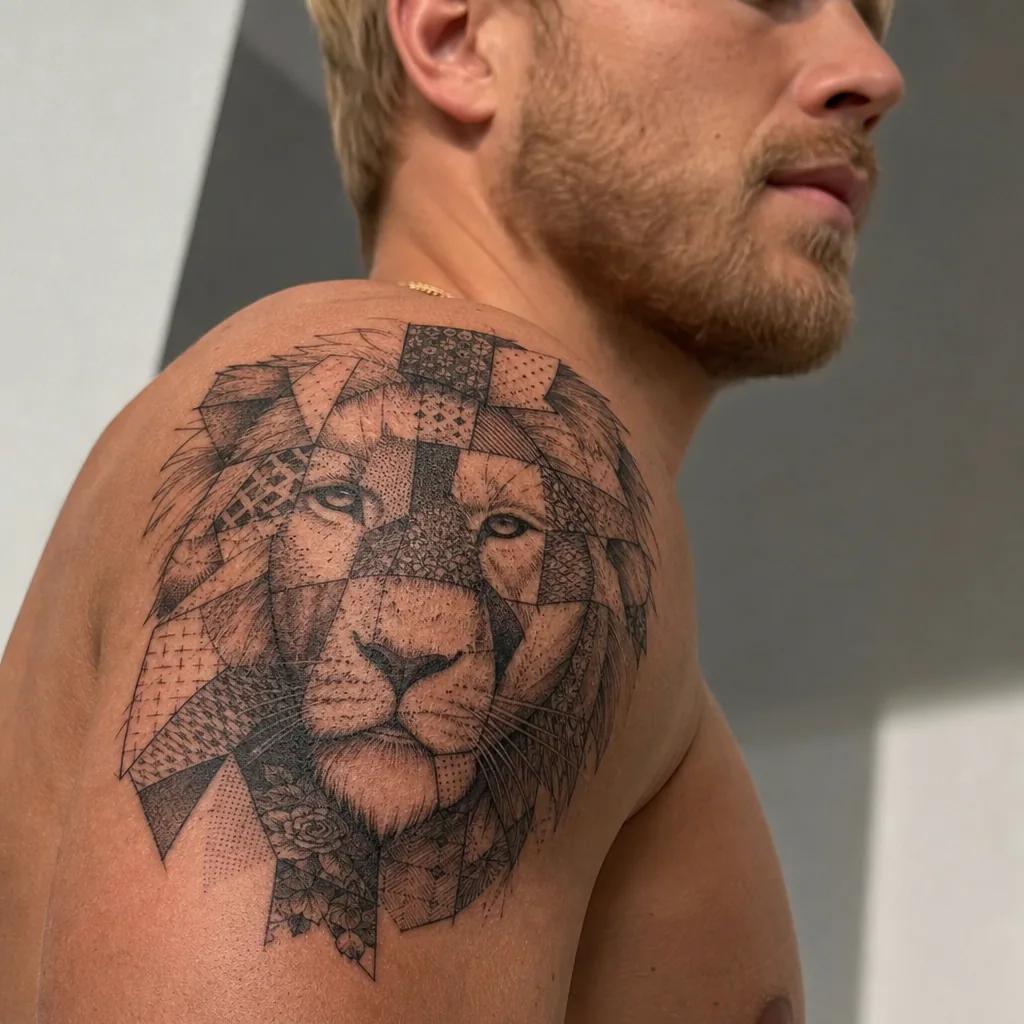 idée tatouage lion vintage lion patchwork, photo réaliste sur peau
