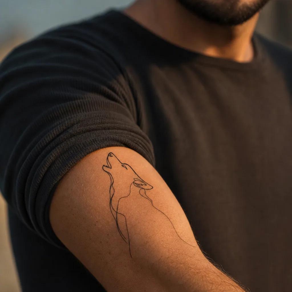idée tatouage loup loup single-line minimaliste, photo réaliste sur peau
