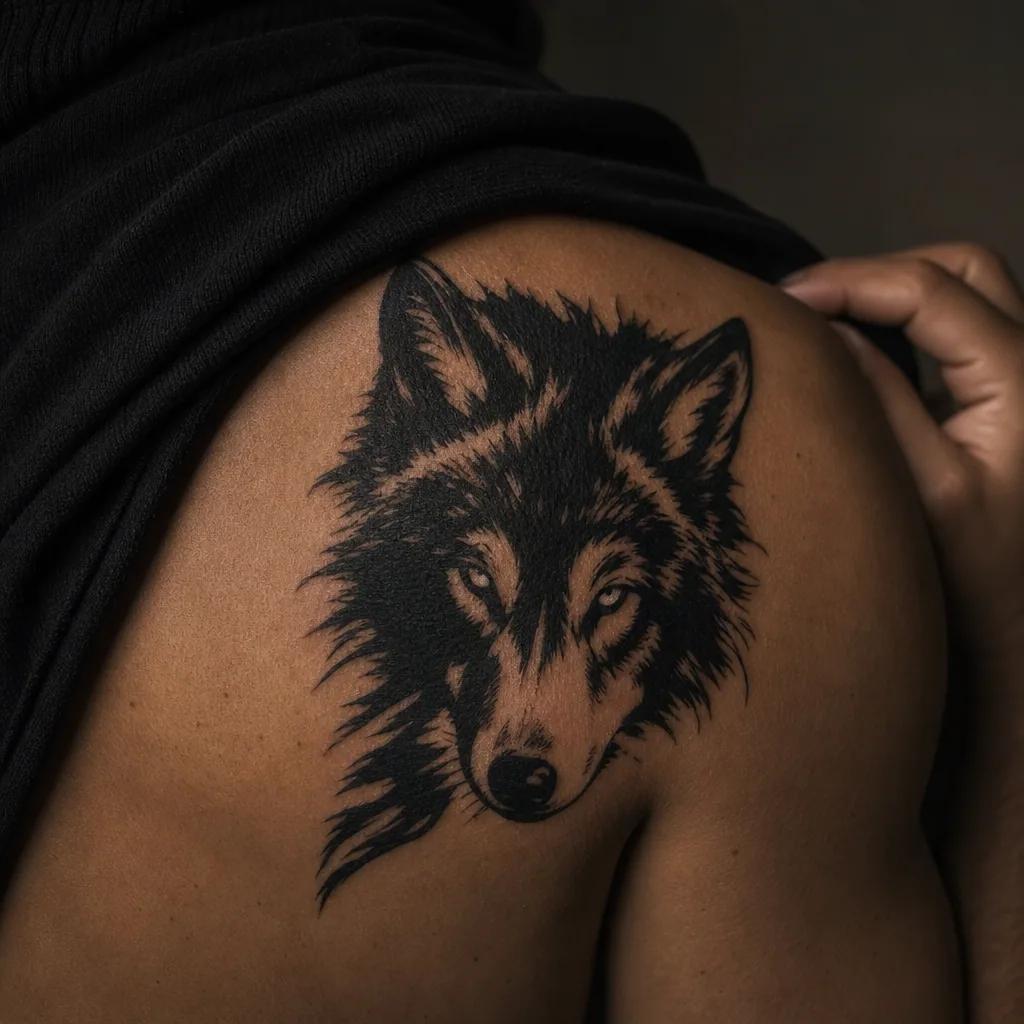 idée tatouage loup loup blackwork puissant, photo réaliste sur peau