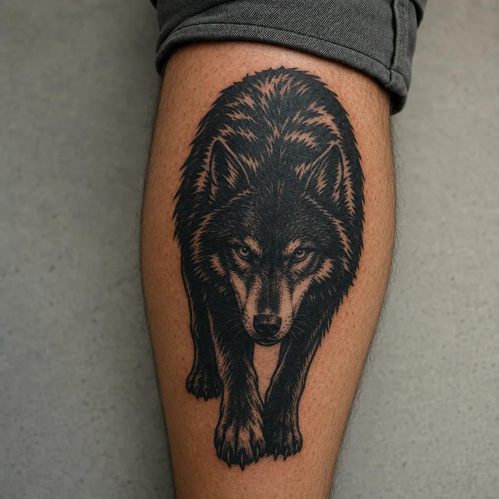 idée tatouage loup loup blackwork puissant, photo réaliste sur peau