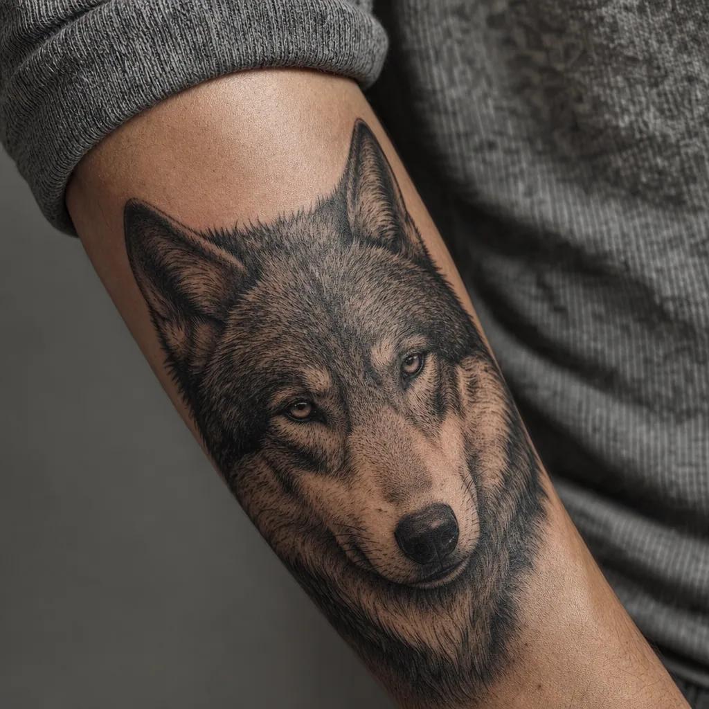idée tatouage loup loup realiste portrait, photo réaliste sur peau