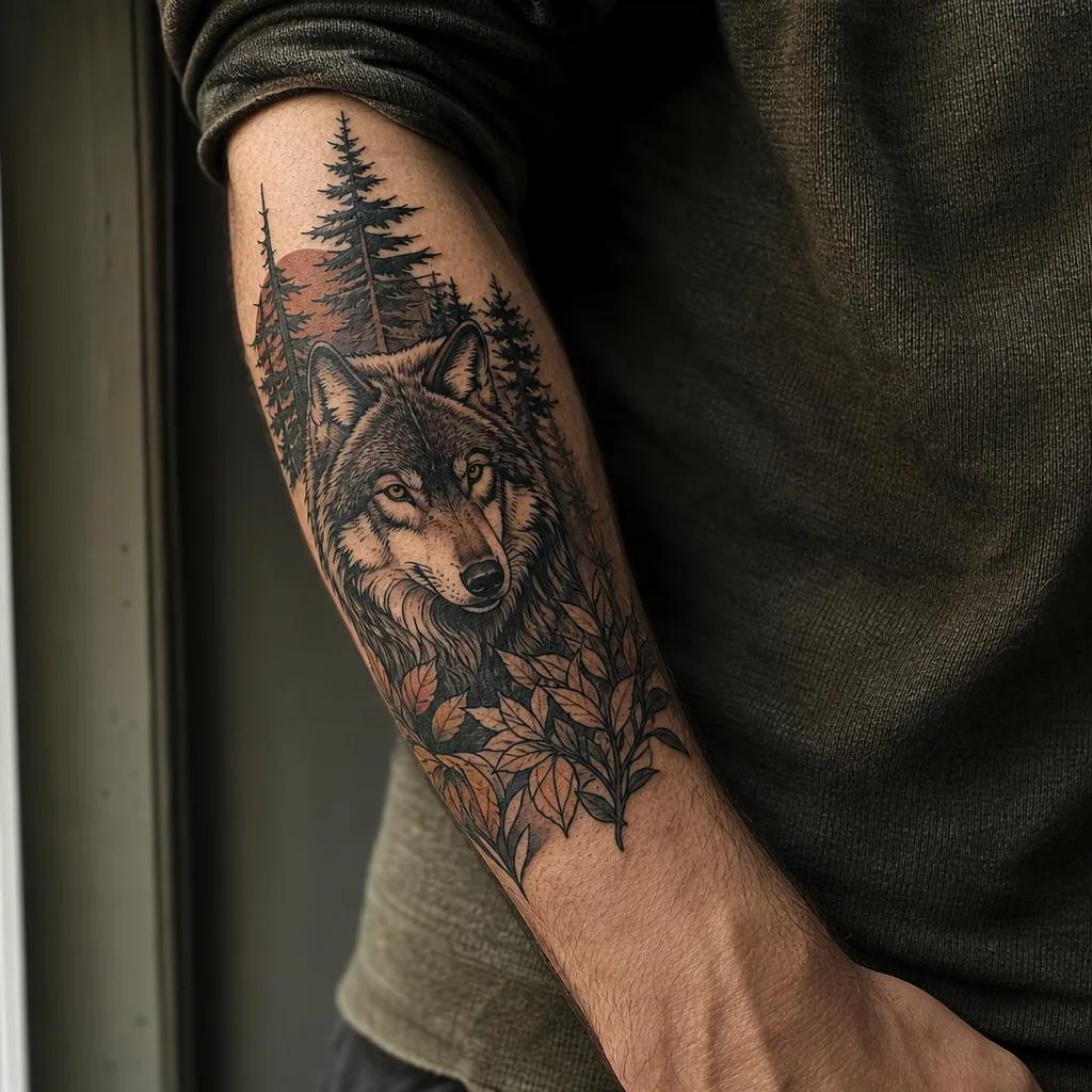 idée tatouage loup loup néo-traditionnel forêt, photo réaliste sur peau