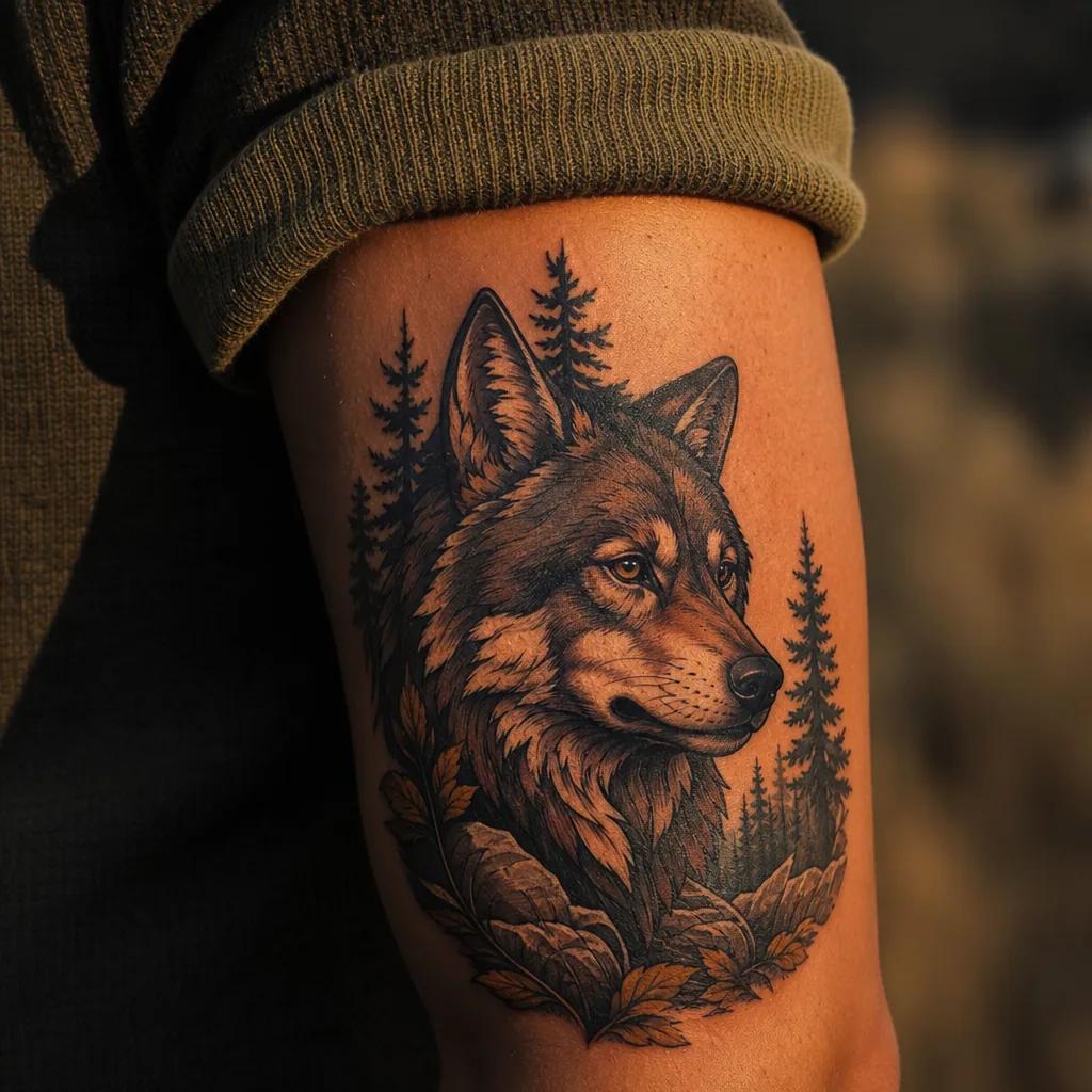 idée tatouage loup loup néo-traditionnel forêt, photo réaliste sur peau
