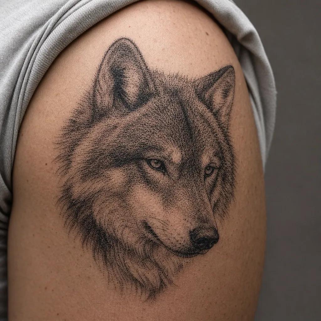 idée tatouage loup loup dotwork stippling, photo réaliste sur peau