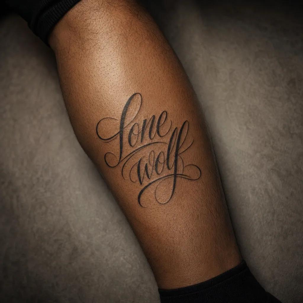 idée tatouage loup lettrage 'lone wolf' calligraphie, photo réaliste sur peau