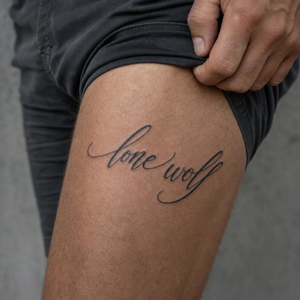 idée tatouage loup lettrage 'lone wolf' calligraphie, photo réaliste sur peau