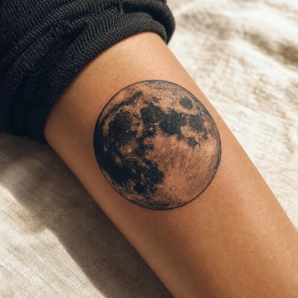 idée tatouage lune pleine lune blackwork, photo réaliste sur peau