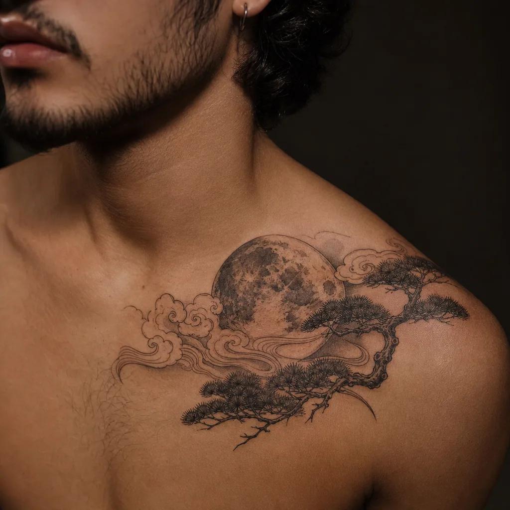 idée tatouage lune lune japonaise pleine, photo réaliste sur peau