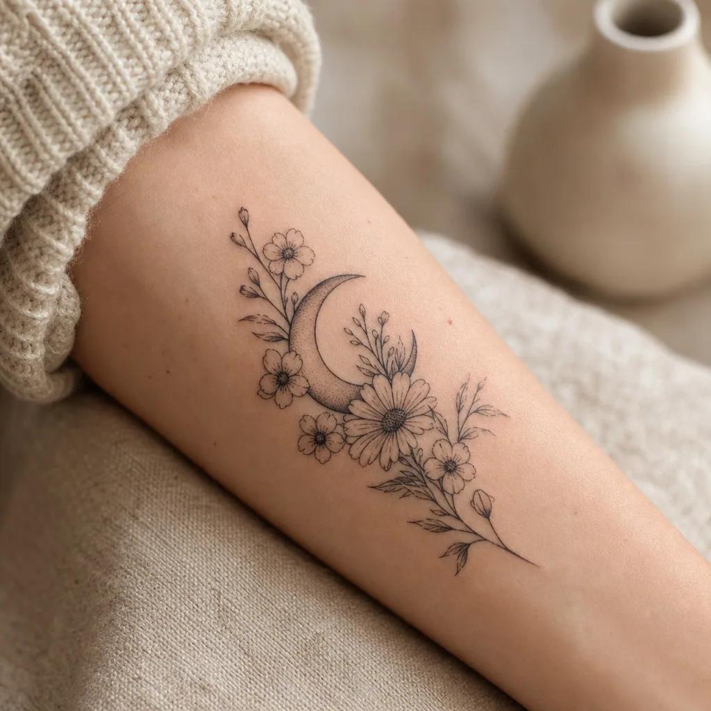 idée tatouage lune lune fleurie florale, photo réaliste sur peau