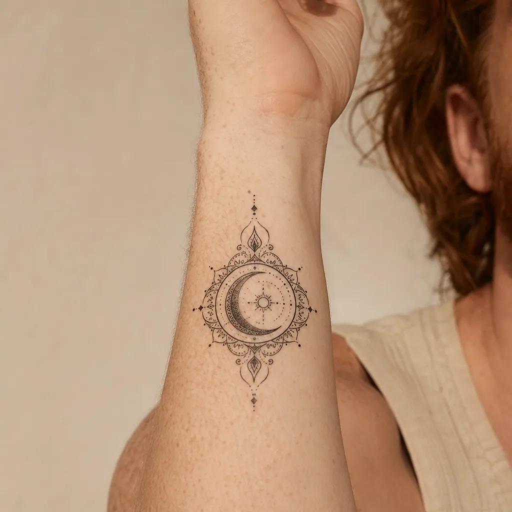 idée tatouage lune mandala lunaire ornemental, photo réaliste sur peau